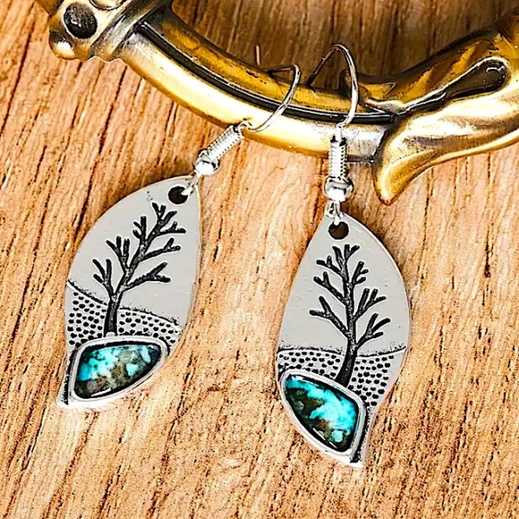 Silver Turquoise Leaf Tree Earrings Dangle - Picture 4 of 7